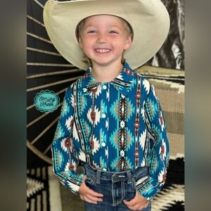 Kids Western Aztec Print Shirt - Turquoise Blue